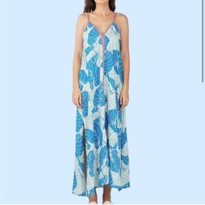 Beautiful Spaghetti Strap Blue Tropical Maxi Dress